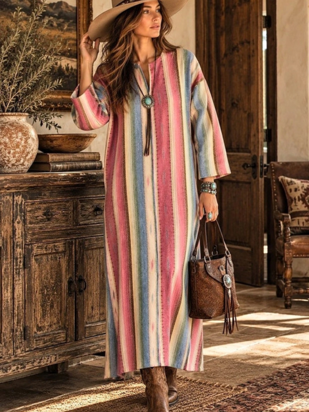 Vintage Southwestern Serape Stripe Caftan House Dress Boho Western M/L